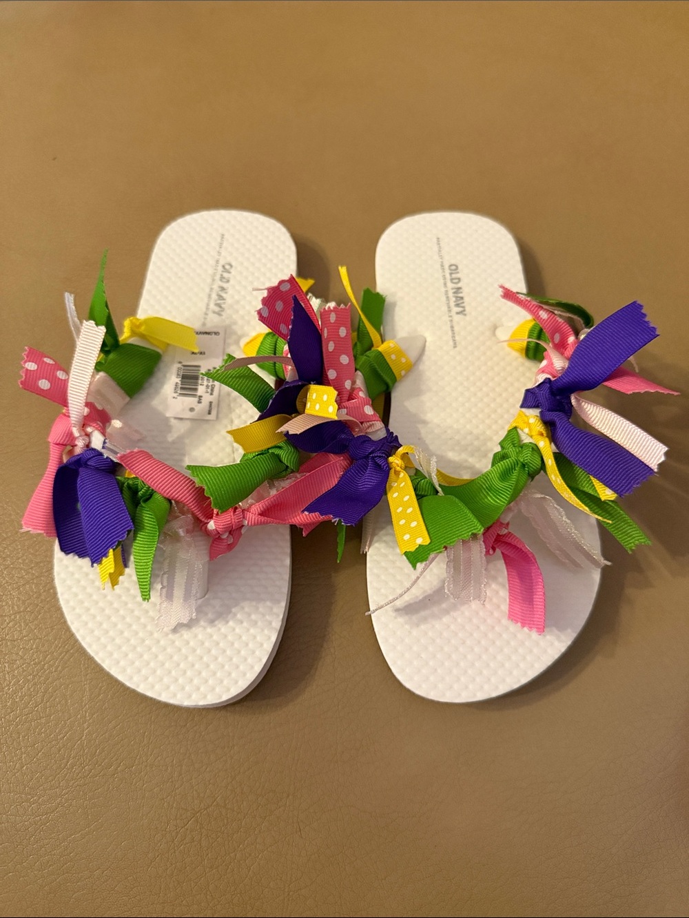 Old Navy White Flip Flops with Multicolor Ribbon Tassels